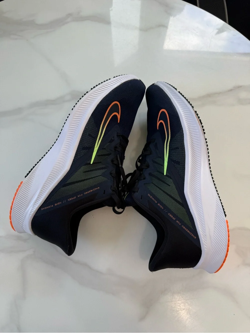 Nike Men’s Navy Athletic Shoes with Orange and Lime Swoosh